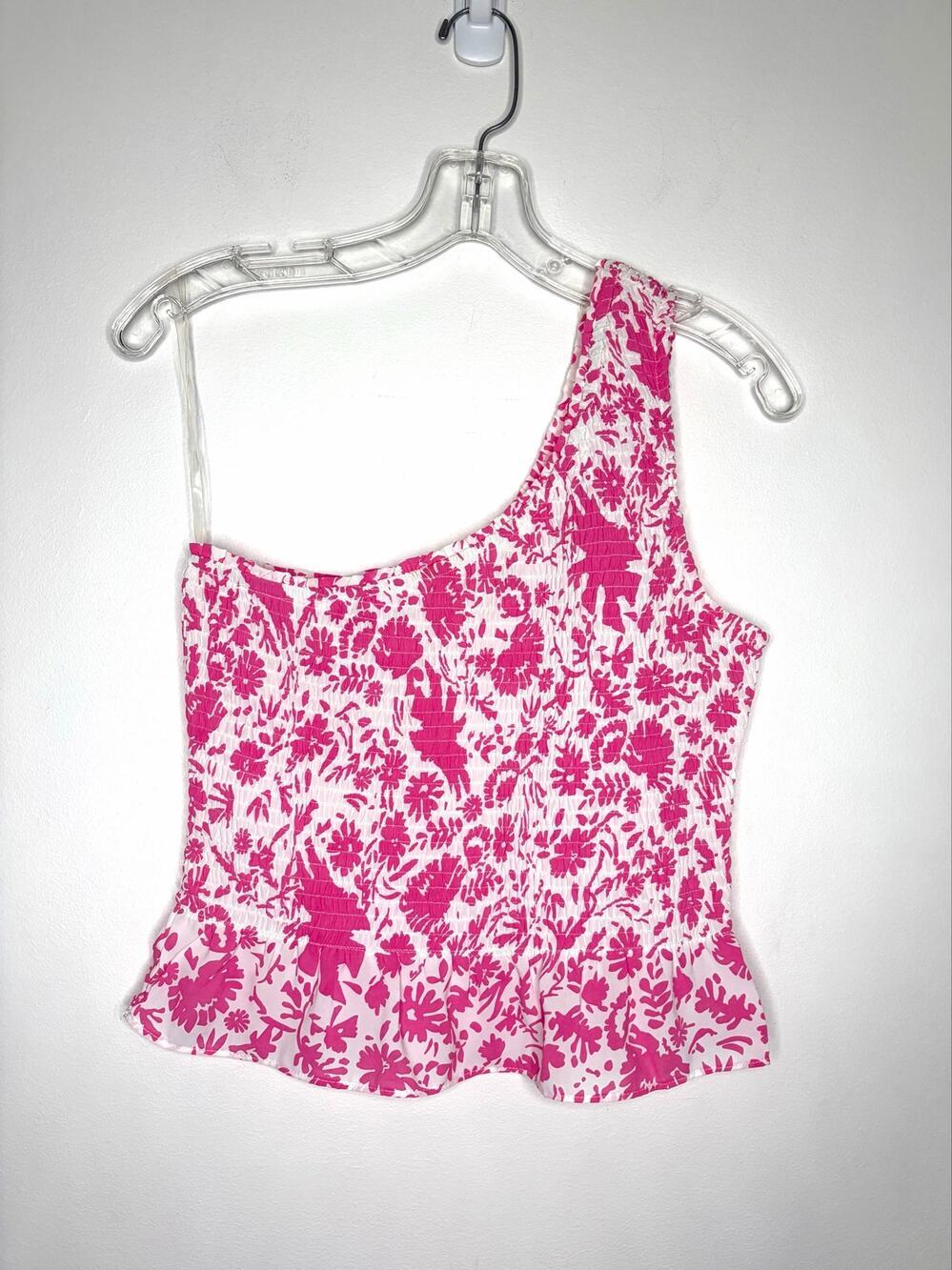 Entro Floral Smocked Tank Top Sz M One Shoulder Cropped Cottagecore Boho Prairie
